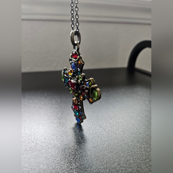Colorful Rhinestone Cross Necklace - Picture 4 of 9